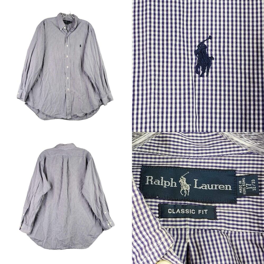 Polo Ralph Lauren Shirt Oxford Men's Size 17 XL Blue Plaid LS Button Down